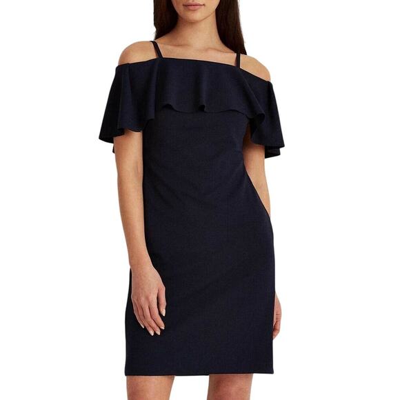 Ralph Lauren Navy Blue Off Shoulder Crepe Ruffle Sheath Dress - Picture 1 of 7